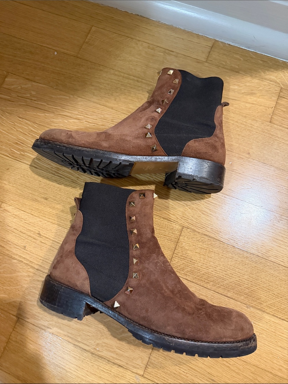 Valentino Brown Suede Ankle Chelsea Boots with Gold Studs